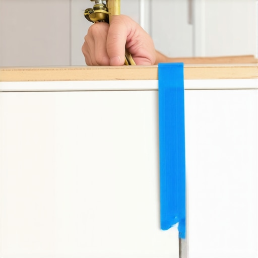 A carpenter using a compass to mark a scribe line on a kitchen cabinet panel.