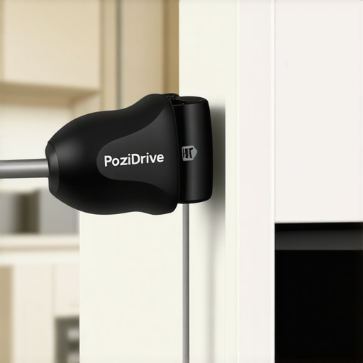 Precision Tools for Cabinet Maintenance A person using a PoziDrive screwdriver to adjust a modern kitchen cabinet hinge