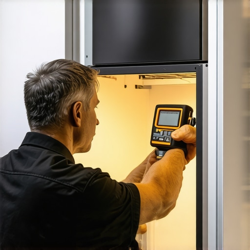 A contractor measuring a custom oven cabinet with a laser tool