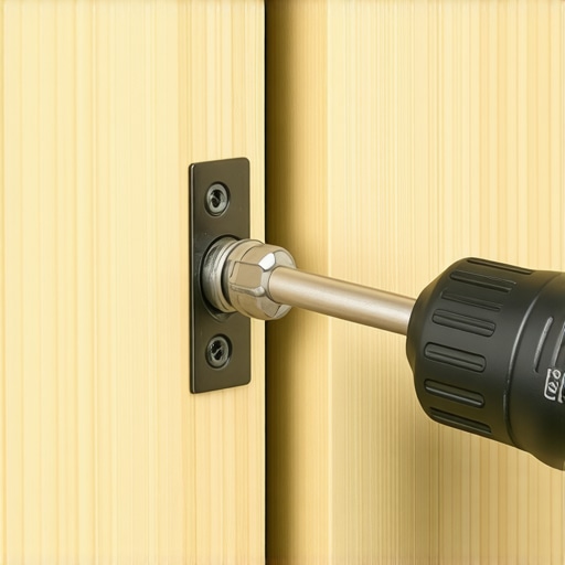 Close-up of a screwdriver adjusting a metal cabinet hinge for perfect door alignment