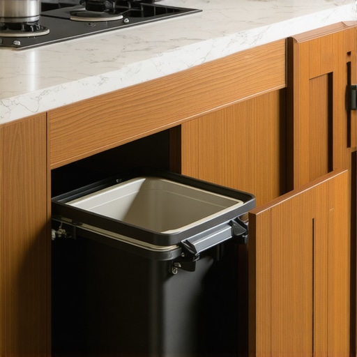 Precision engineering in custom kitchen storage A professional grade kitchen cabinet interior with a bottom-mount waste pull-out.