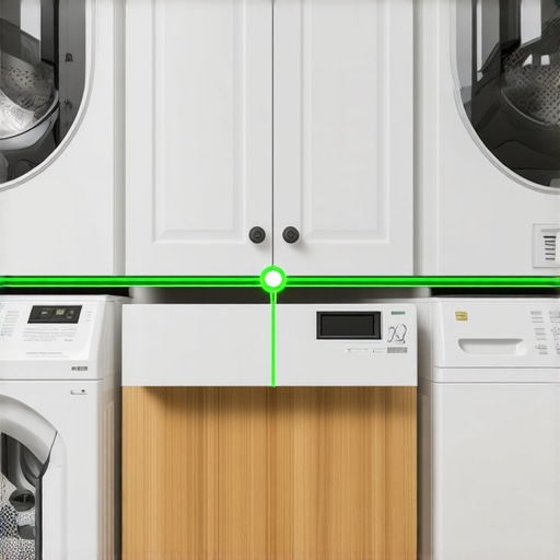 A green laser level being used to align custom laundry room cabinets and a folding counter.