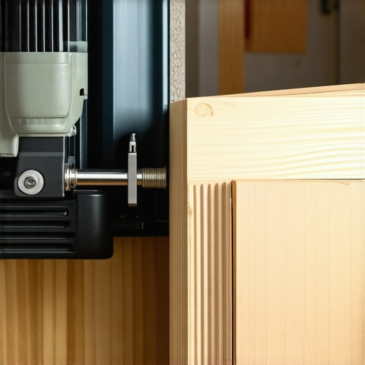 A close-up of a pin nailer attaching wood molding to a brick wall interface.