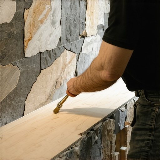 Close-up of a carpenter using a specialized scribing tool to mark a wood template against jagged natural stone.