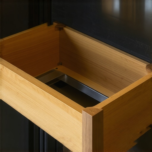 A high-quality solid maple drawer insert with dovetail joints inside a custom kitchen cabinet.