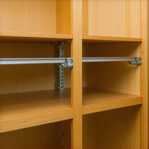Professional Adjustable Shelving Tracks Close-up of vertical metal standards and brackets in a custom pantry cabinet.