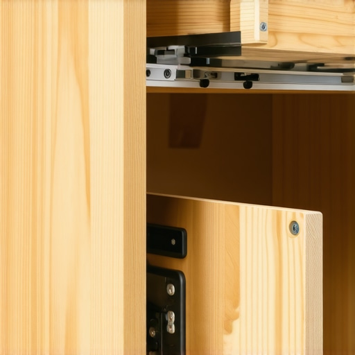 Close up of heavy-duty bottom-mount drawer hardware installed on a plywood kitchen cabinet floor.