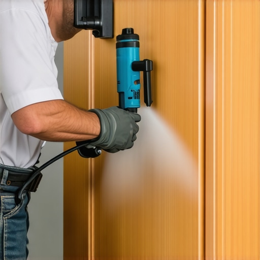 Professional Cabinet Finishing Process A woodworker spraying post-catalyzed lacquer onto a cabinet door for maximum durability.