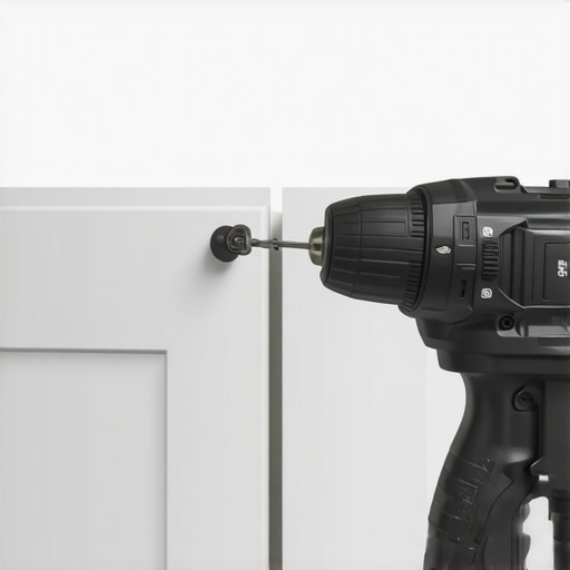 A blue plastic cabinet hardware jig aligned on a white cabinet door for precise drilling.
