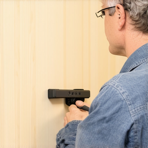Professional Cabinet Hardware Installation Tool Woodworker using a precision jig to install cabinet handles