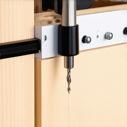 All-metal adjustable cabinet hardware jig clamped to a shaker door for perfect drilling alignment