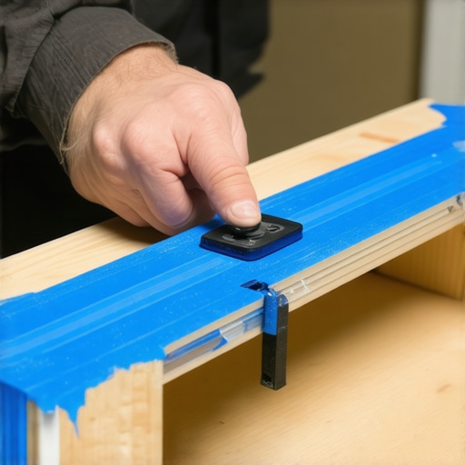 Close-up of a cabinet hardware jig being used to install a long handle on a wide drawer face with blue tape.