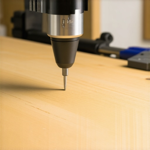 Close-up of a woodworking jig being used to install cabinet handles on a custom pantry door.