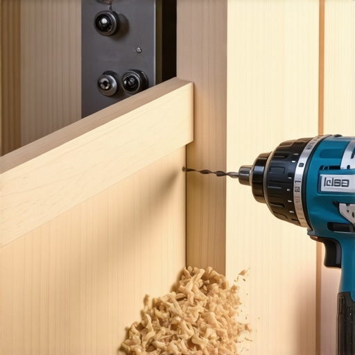 A professional tool for aligning cabinet knobs and pulls on a custom maple door.