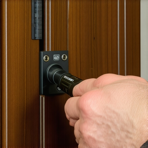 A close-up of a technician using a torque screwdriver on a custom cabinet hinge.