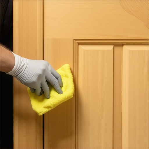 Close up of a worker cleaning a maple cabinet door before painting