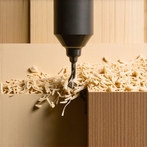 Professional Countersinking for Cabinet Molding A woodworker using a countersink bit to prepare a hole for a trim screw in cabinet crown molding.