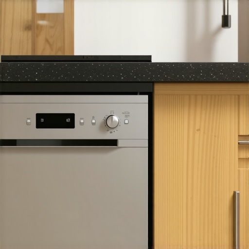 Professional Dishwasher Filler Strip Installation A detailed view of a dishwasher installed with a proper 2-inch filler strip and protective return panel for moisture control.