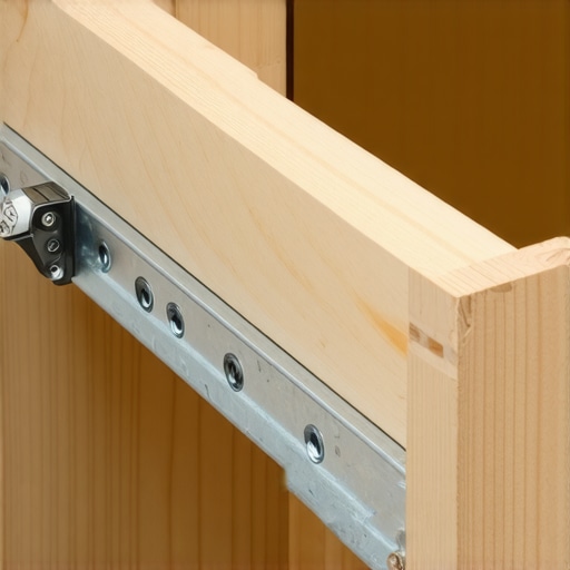 Close-up of a high-weight capacity drawer slide for custom kitchen cabinetry.