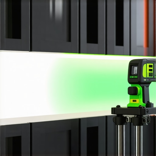 A green beam laser level being used to align custom kitchen cabinets for a perfect installation.