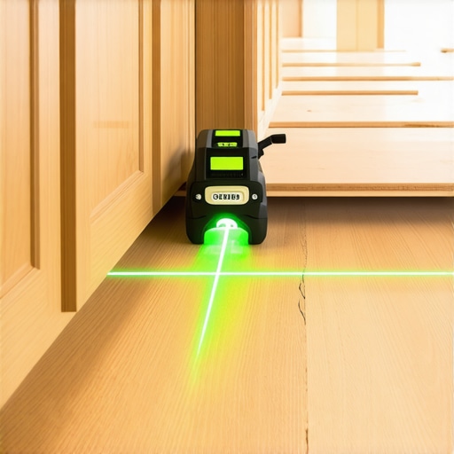 A green beam laser level projecting a level line across custom kitchen cabinets for precise installation.