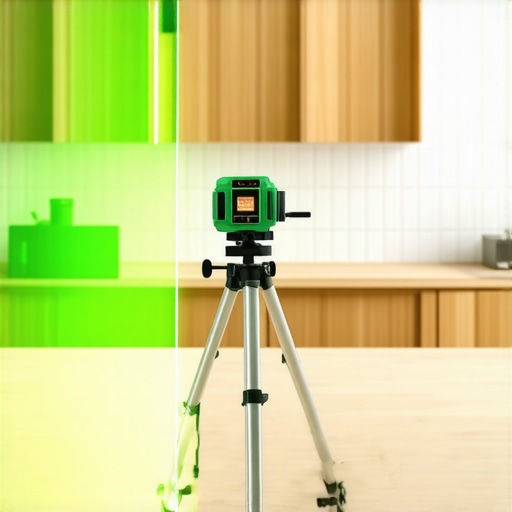 A green 360-degree laser level projecting a level line across custom kitchen cabinets during installation.