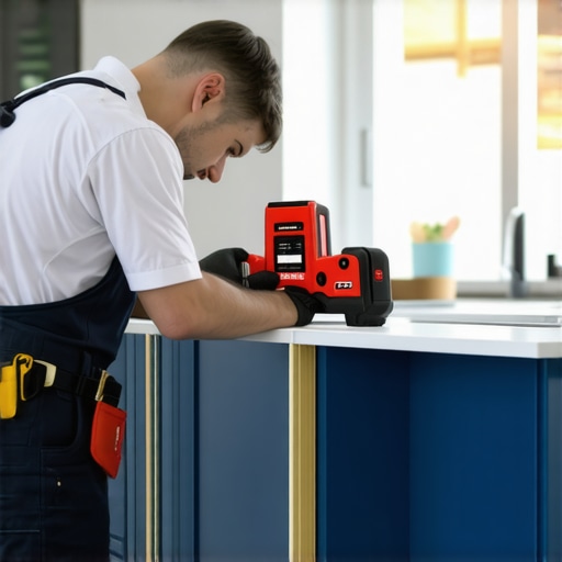 Professional Laser Leveling for Kitchen Cabinets A laser level being used to align custom navy blue kitchen cabinets for perfect installation.