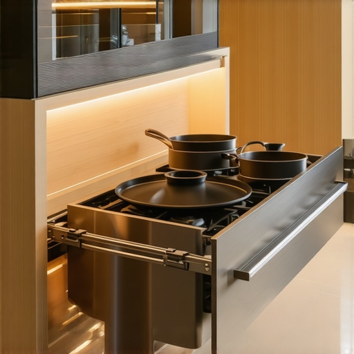 Close up of a LeMans pull out shelf system in a kitchen corner cabinet for optimized storage