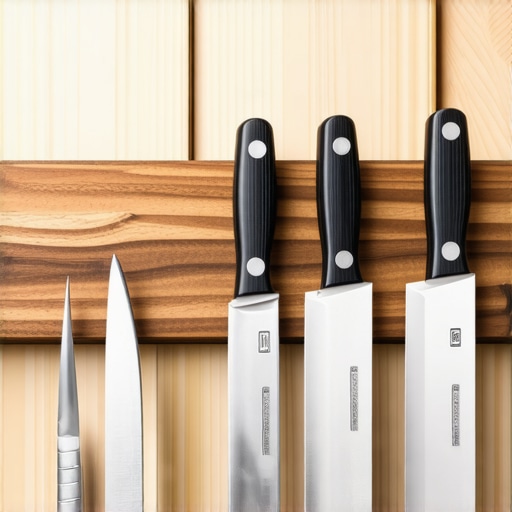 A wood-faced magnetic knife holder mounted inside a custom cabinet door with professional hardware.