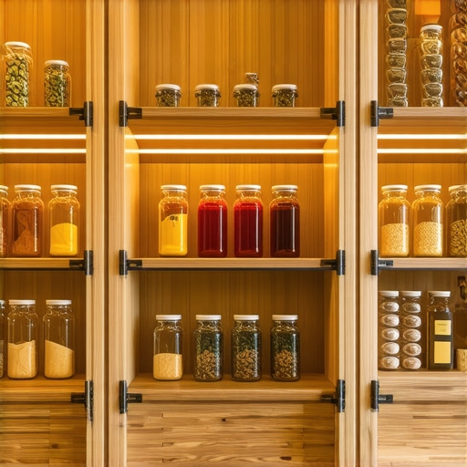 Professional Pantry Shelving and Organization High-end custom pantry shelving with adjustable tracks and heavy-duty plywood construction.