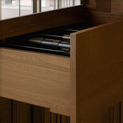 A metal cable management arm installed behind a custom kitchen drawer to prevent cable pinching.