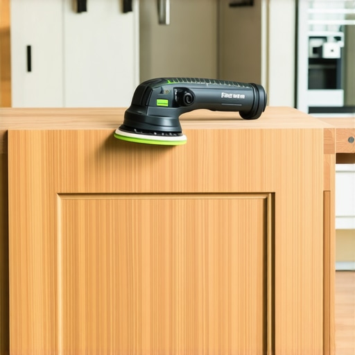 Close up of a professional sander on an oak cabinet door representing high-end kitchen maintenance