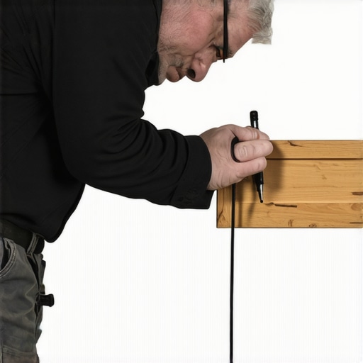A close-up of a carpenter using a scribing tool to match a cabinet panel to a wavy wall profile.