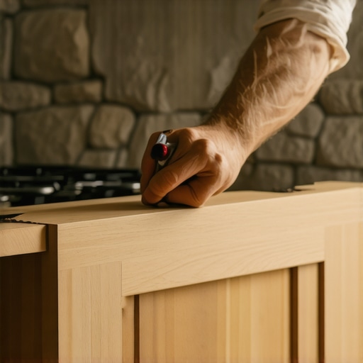 Woodworker scribing a cabinet panel to a stone wall