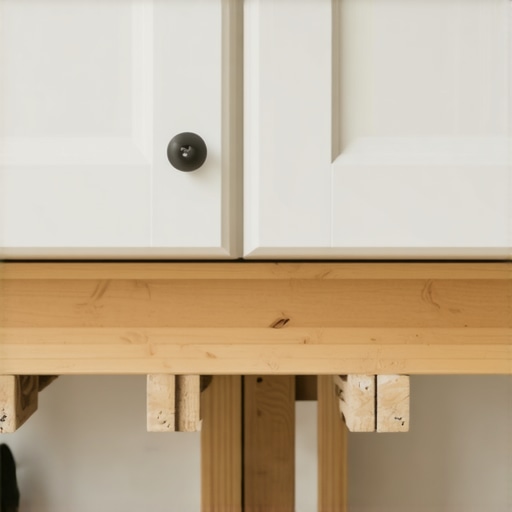 A wooden T-brace used to support and level a kitchen cabinet during repair.
