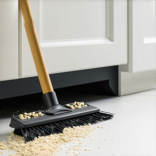 A sleek automatic dustpan integrated into the baseboard of custom kitchen cabinets.