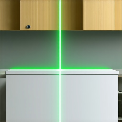 A green laser level projecting lines across custom kitchen cabinets for precise installation.