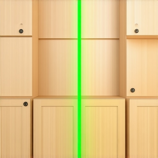 A laser level being used to align custom cabinets during a kitchen remodel
