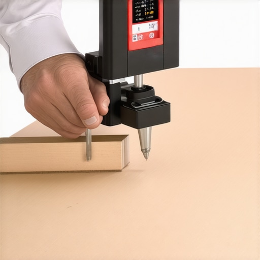 Close up of digital angle gauge and drilling template on kitchen cabinetry