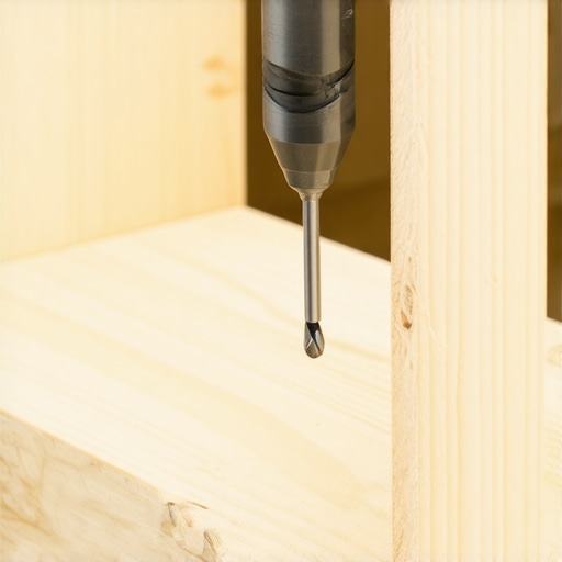 Professional countersinking for cabinet assembly Close-up of drilling a pilot hole in plywood for custom cabinets