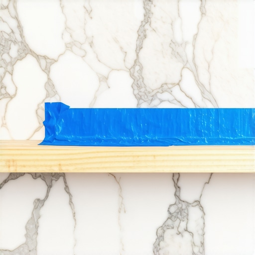 Professional scribing tool on marble backsplash Close-up of a professional scribing tool transferring the texture of a stone wall onto a wooden cabinet panel with painter's tape.