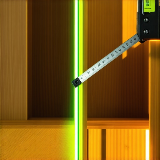 Professional tools for pantry installation A laser level being used to align solid wood pantry shelves for a kitchen remodel.