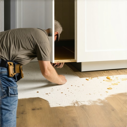 Close up of cabinet being installed on subfloor to allow for floor expansion