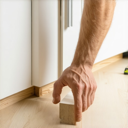 A detailed view of how to use wooden shims to level a cabinet on a sloped floor during a kitchen remodel.