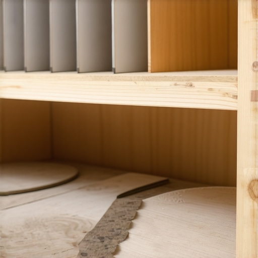 Custom kitchen cabinet with vertical metal dividers and reinforced plywood shelving holding heavy pizza stones.