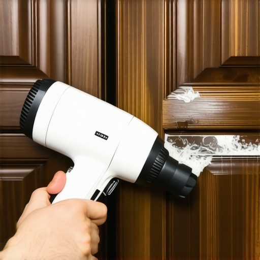 A hairdryer being used to lift a white water blemish from a custom walnut kitchen cabinet.