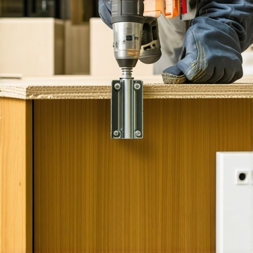 Routing a flush channel for countertop support Carpenter routing a kitchen cabinet for a steel bracket installation