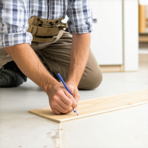 Close-up of a carpenter marking a scribe line on a kitchen cabinet base to match floor variations.