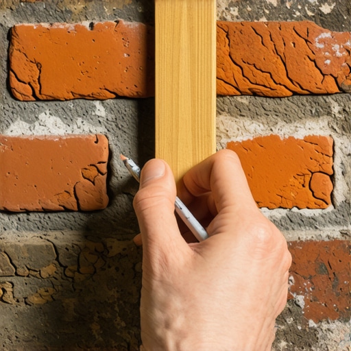 Scribing wood to a brick wall with a compass Close-up of a carpenter tracing the texture of a brick wall onto a wooden board using a compass tool.