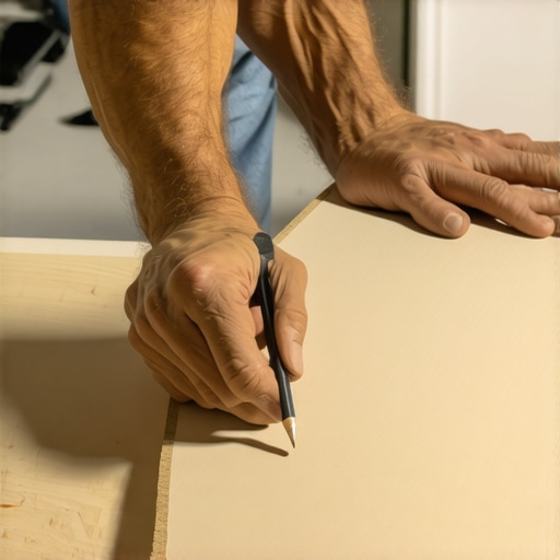 Carpenter scribing a wood panel to fit an uneven wall for a custom floating desk.